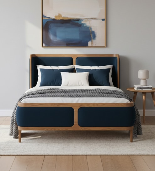 Valerio Duo-Panel Luxe Queen Size Bed in velvet With Oak wood Frame & Hydraulic Storage