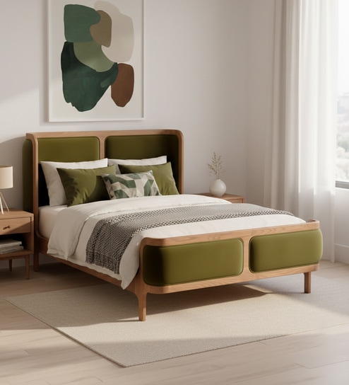 Valerio Duo-Panel Luxe Queen Size Bed in velvet With Oak wood Frame & Hydraulic Storage