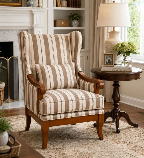 Vallen Teak Wood Wing Chair With Suede Fabric In Beige Stripe