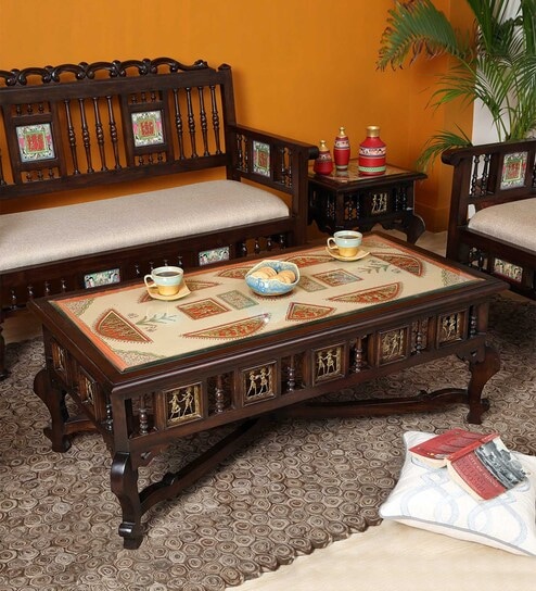 Vanam Teak Wood Coffee Table in Walnut Finish