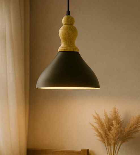 Vanora Wooden Top Black Pendant Light