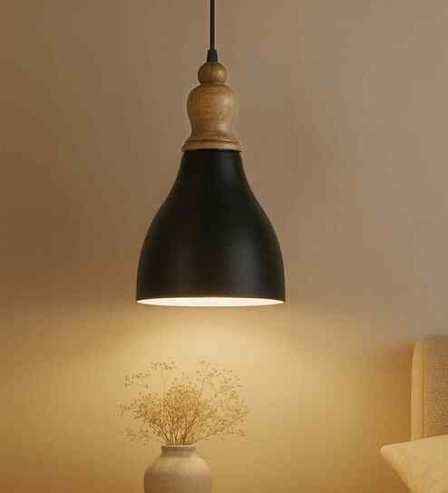 Vanora Wooden Top Black Pendant Light