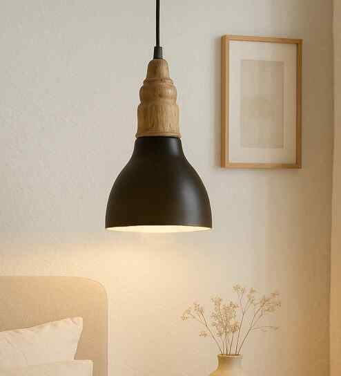Vanora Wooden Top Black Pendant Light