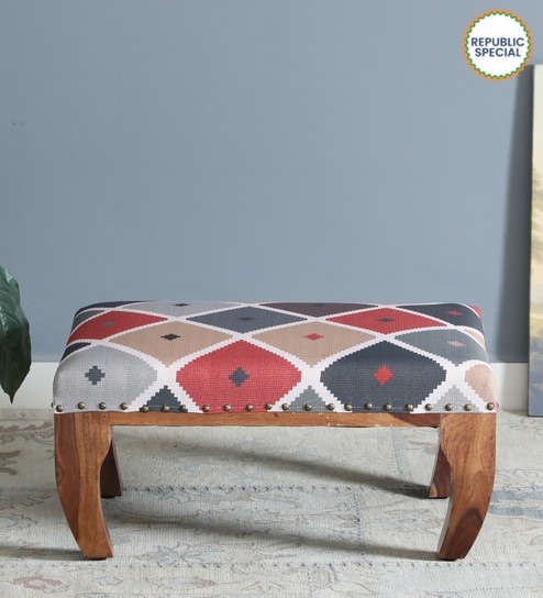 Varnaka Sheesham Wood Foot Stool In Rustic Teak Finish