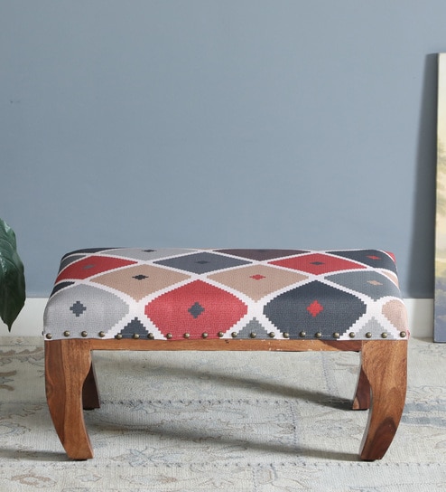 Varnaka Sheesham Wood Foot Stool In Rustic Teak Finish