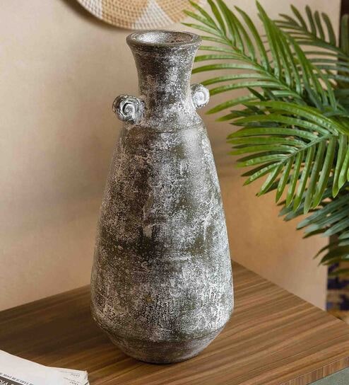 (1Pc) White & Olive Terracotta Decorative Vase For Room Decor Aesthetic