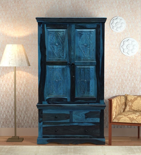 Buy Vayaka Solid Wood 2 Door Wardrobe In Ocean Blue Finish By