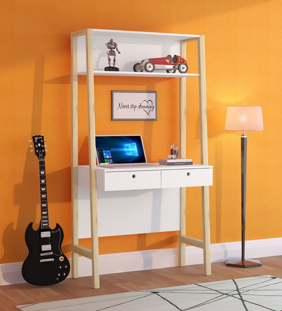Buy Valentina Study Table with Two Drawers and Top Shelf in White