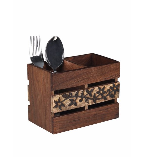 Buy Brown Wood Cutlery Holder by VarEesha Online Cutlery Holders