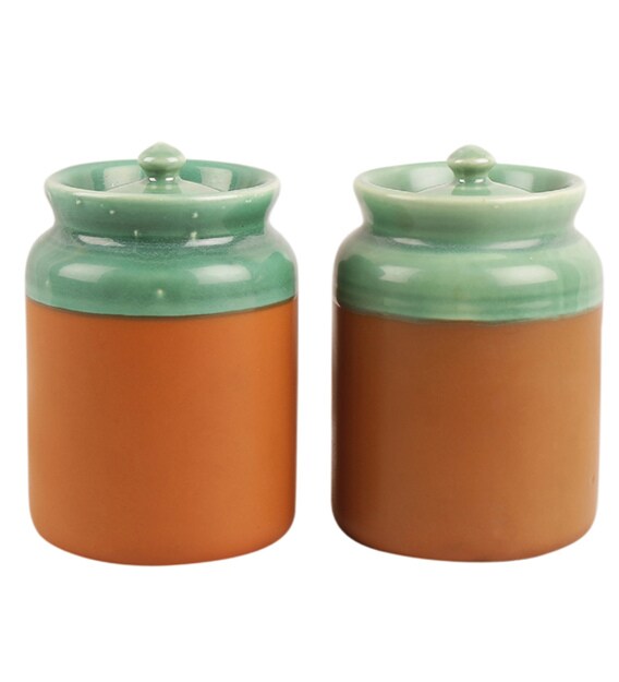 Buy Vareesha Green Brown Ceramic Pickle Jar with Lids Set of 2 Online