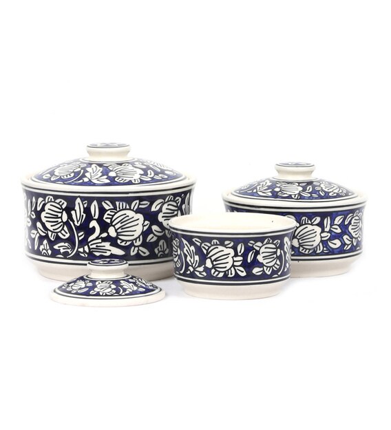 Buy VarEesha Hand Made Blue Ceramic Serving Bowl with Lid Set of 3