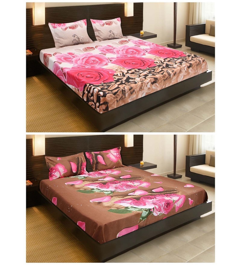 Buy Valtellina Polycotton Colourful 2 Double Bedsheet With 4