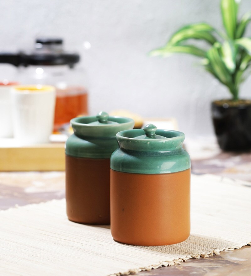 Buy Vareesha Green Brown Ceramic Pickle Jar with Lids Set of 2 Online