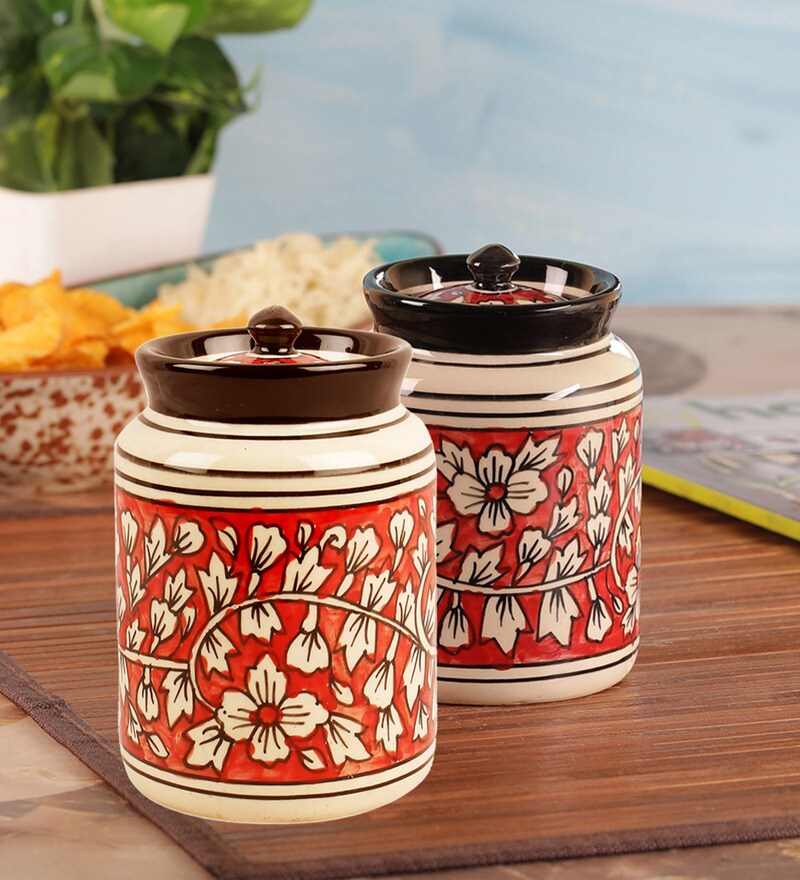 Buy Vareesha Hand Painted Mughal Red Ceramic Pickle Jar with Lids Set