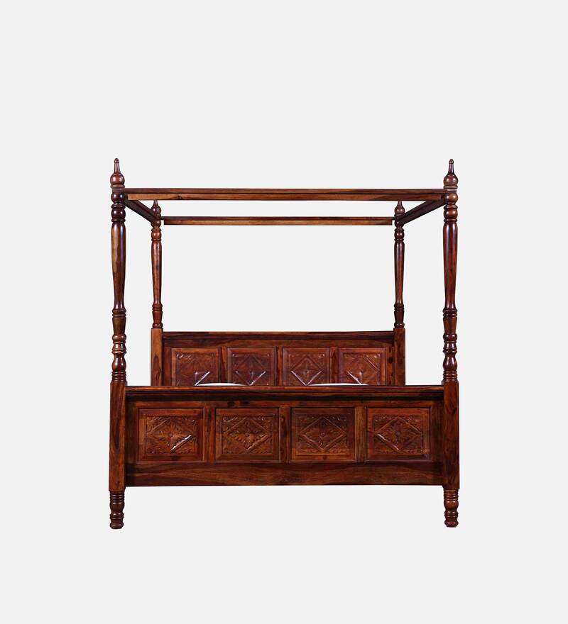 Buy Vayaka Sheesham Wood King Size Poster Bed in Honey Oak Finish