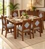 Vajra 6 Seater Dining Set In Provincial Teak Finish With Grey Colour Chair Vajra 6 Seater Dining Set In Provincial Teak Finish With Grey Colour Chair