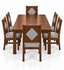 Vajra 6 Seater Dining Set In Provincial Teak Finish With Grey Colour Chair Vajra 6 Seater Dining Set In Provincial Teak Finish With Grey Colour Chair