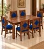 Vajra 6 Seater Dining Set In Provincial Teak Finish With Navy Blue Colour Chair Vajra 6 Seater Dining Set In Provincial Teak Finish With Navy Blue Colour Chair
