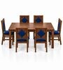 Vajra 6 Seater Dining Set In Provincial Teak Finish With Navy Blue Colour Chair Vajra 6 Seater Dining Set In Provincial Teak Finish With Navy Blue Colour Chair