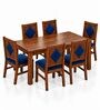 Vajra 6 Seater Dining Set In Provincial Teak Finish With Navy Blue Colour Chair Vajra 6 Seater Dining Set In Provincial Teak Finish With Navy Blue Colour Chair