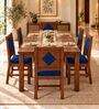 Vajra 6 Seater Dining Set In Provincial Teak Finish With Navy Blue Colour Chair Vajra 6 Seater Dining Set In Provincial Teak Finish With Navy Blue Colour Chair