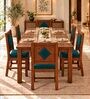Vajra 6 Seater Dining Set In Provincial Teak Finish With Teal Green Colour Chair Vajra 6 Seater Dining Set In Provincial Teak Finish With Teal Green Colour Chair