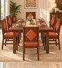 Vajra 6 Seater Dining Set In Provincial Teak Finish With Terracotta Orange Colour Chair Vajra 6 Seater Dining Set In Provincial Teak Finish With Terracotta Orange Colour Chair