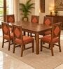 Vajra 6 Seater Dining Set In Provincial Teak Finish With Terracotta Orange Colour Chair Vajra 6 Seater Dining Set In Provincial Teak Finish With Terracotta Orange Colour Chair