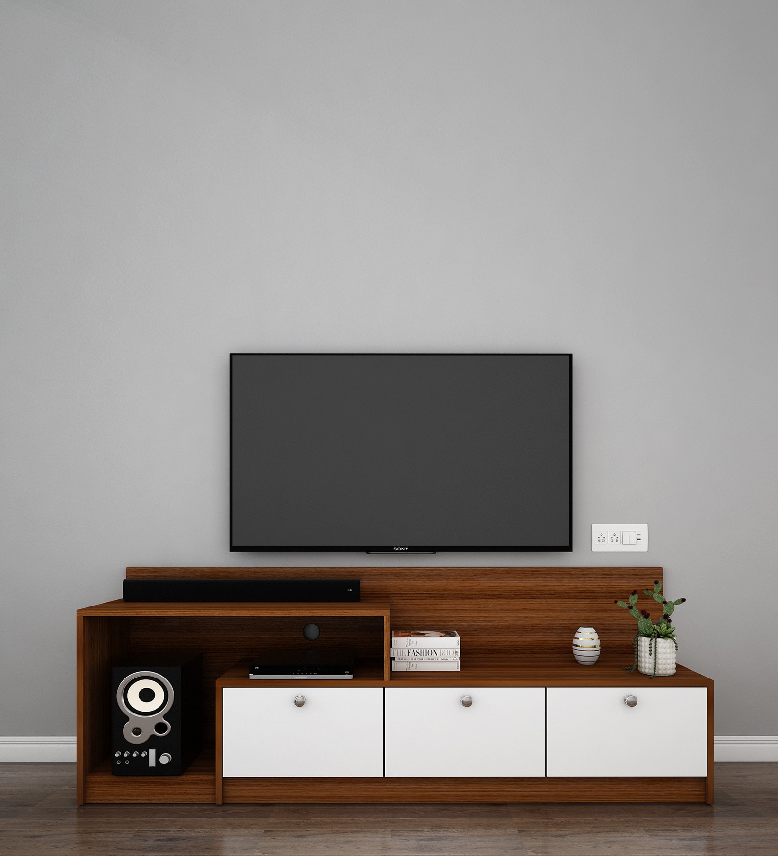 Vector Extensible TV Console In Walnut & Frosty White Colour