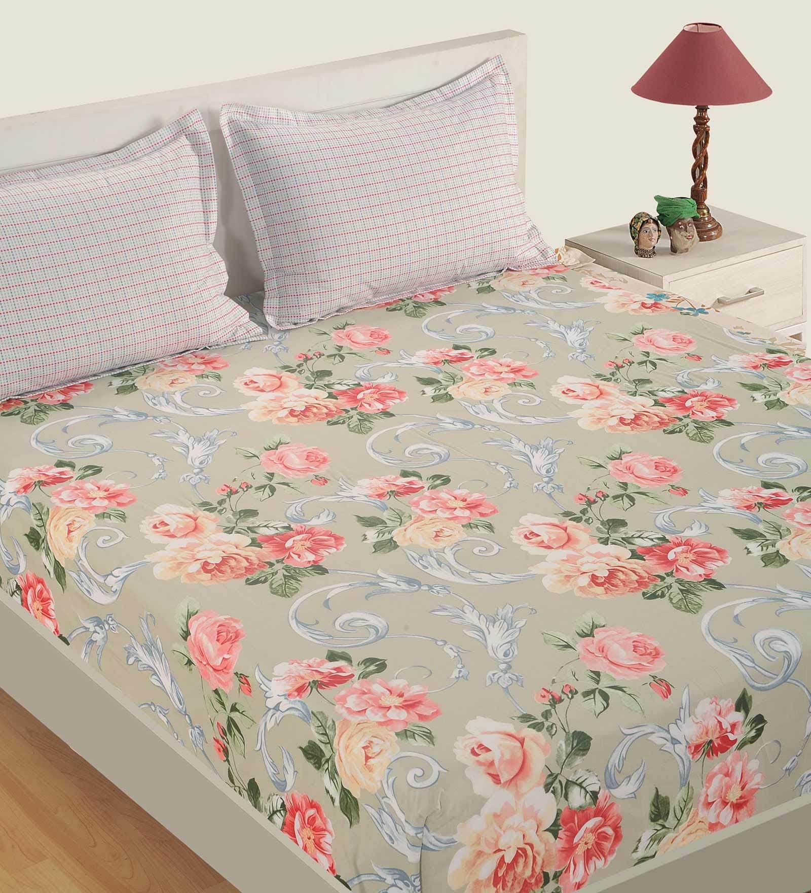 Grey Floral 160 TC Cotton Single Bed Sized Bed Sheets With 1 Pillow Cover