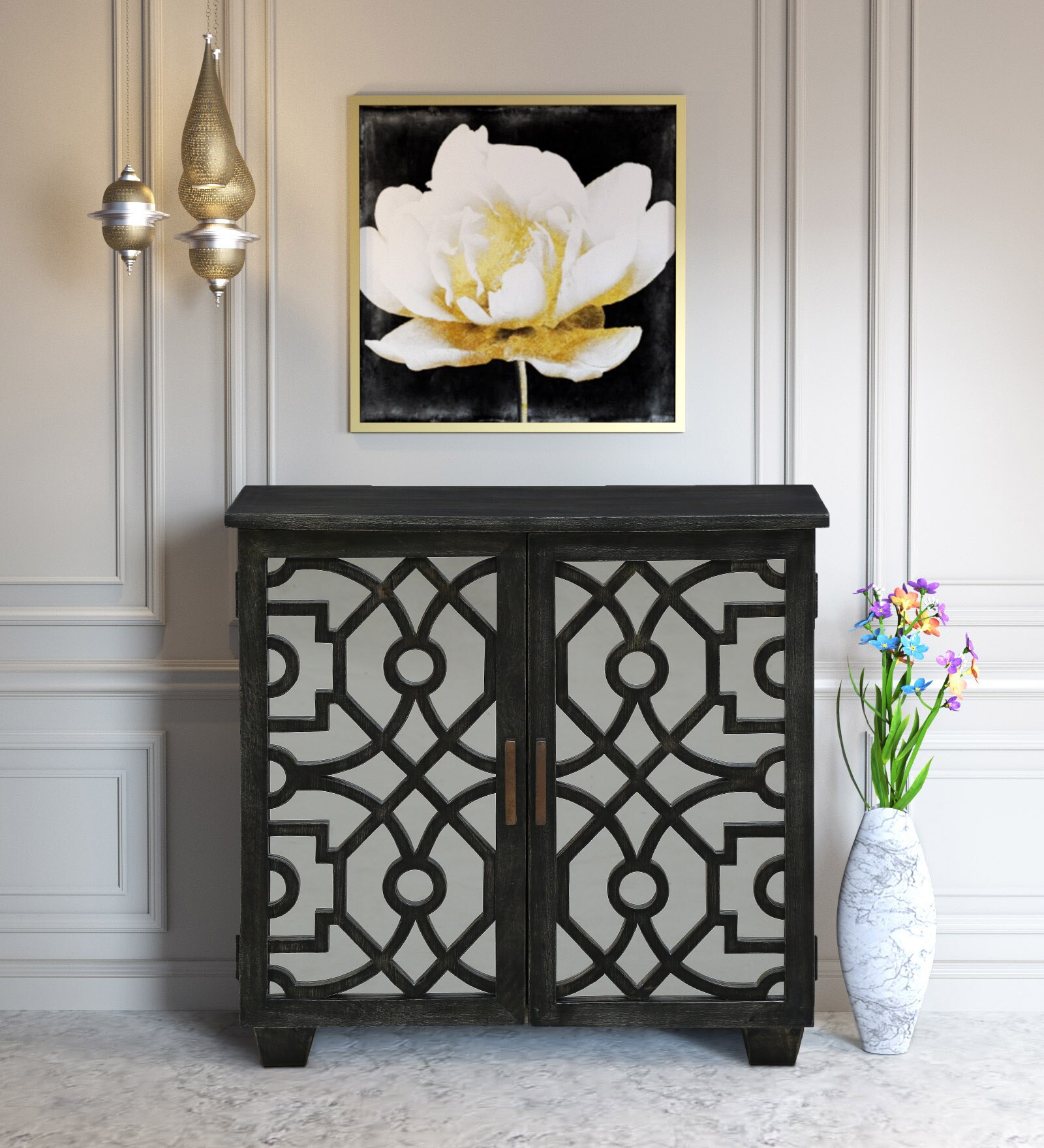 Vedant Solid Wood Cabinet with Fret Work in Black Wash Finish