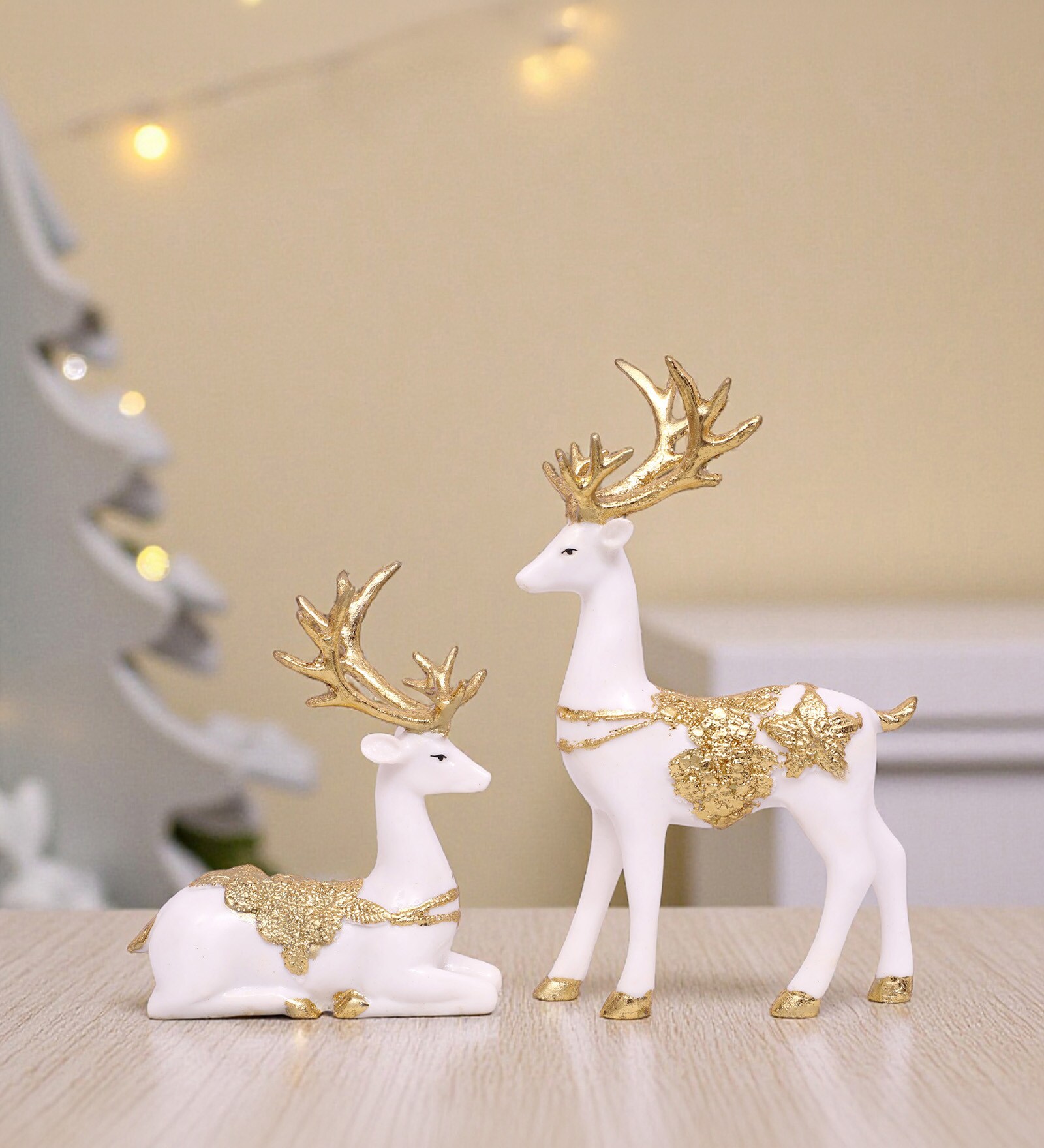 White Deer Marble Leaf Showpiece Set Of 2