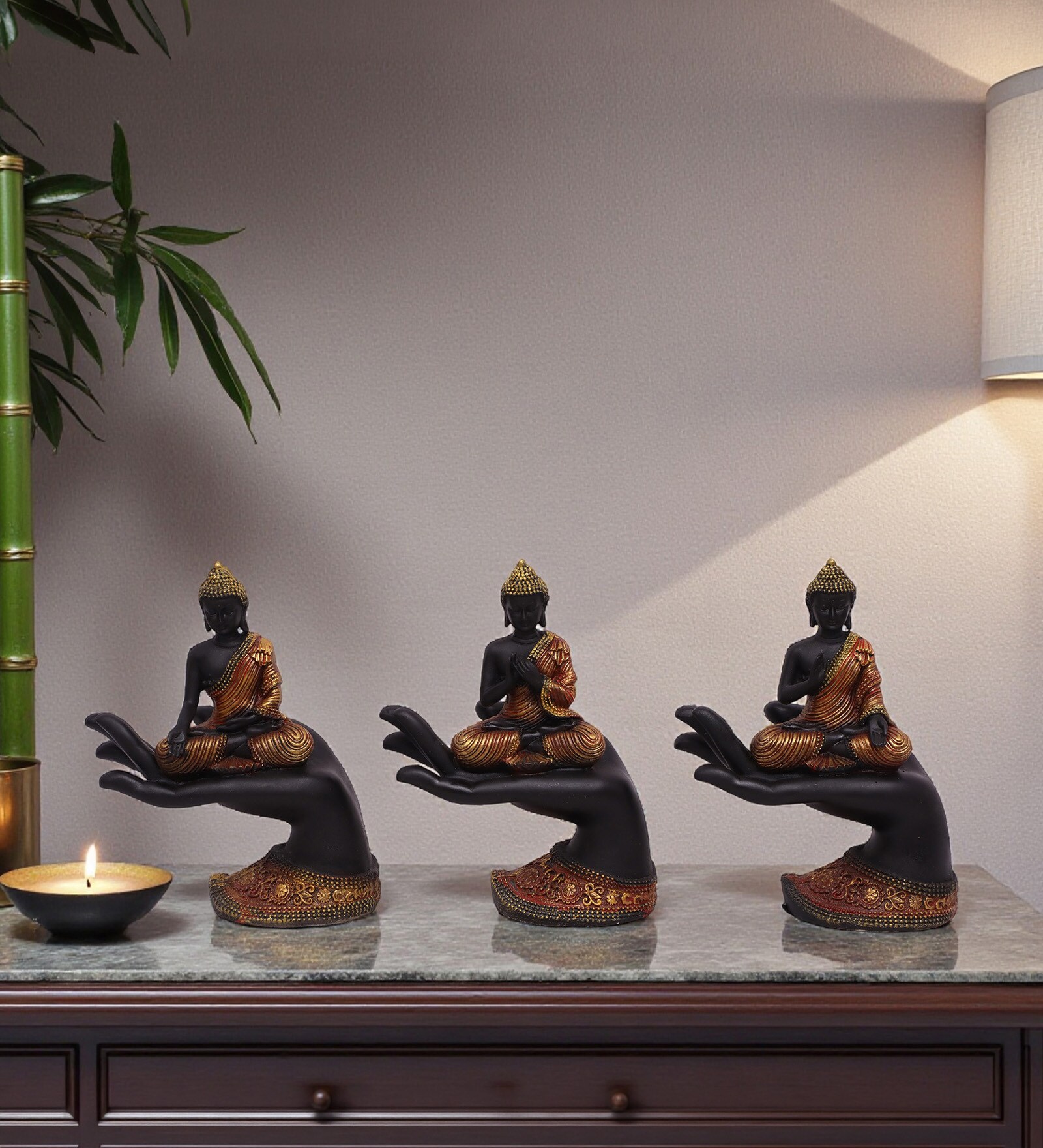 Grey Hand Buddha Idol Orange Set Of 3