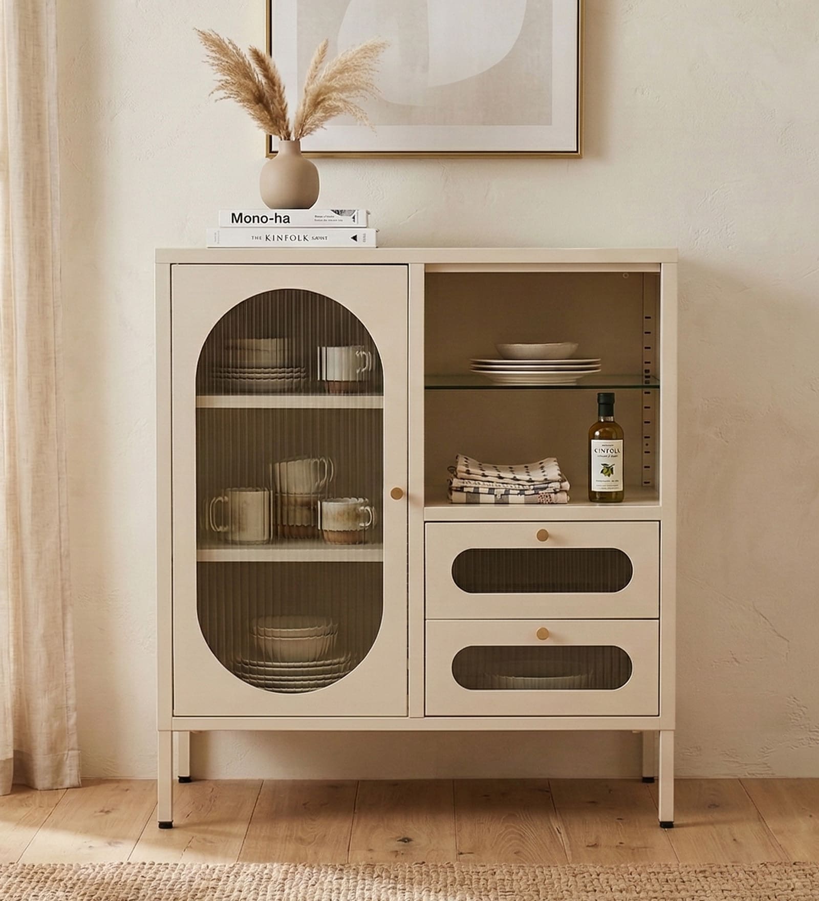 Vedik Metal Crockery Unit with Fluted Glass Door Open Display Shelf and Dual Drawer Storage