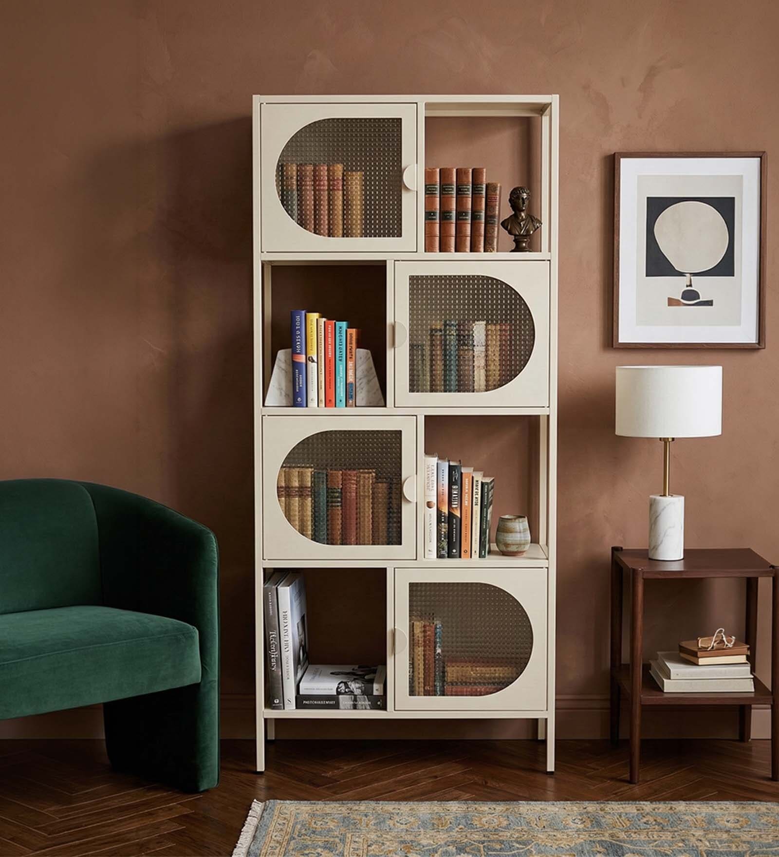 Vedik Multi-Purpose Metal Bookshelf with Patterned Doors Open & Closed Storage and Powder-Coated Metal Frame