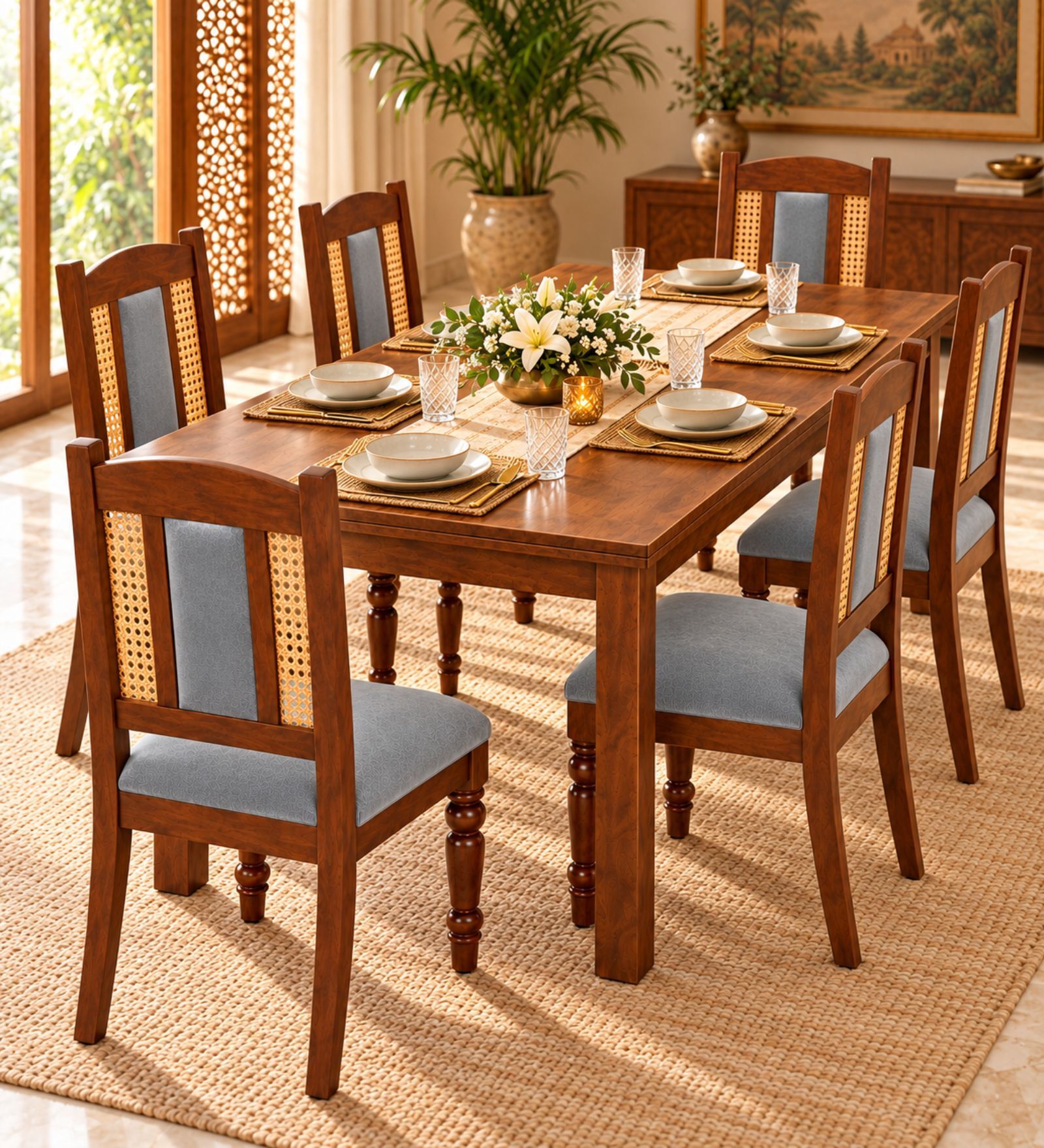 Vedika 6 Seater Dining Set In Provincial Teak Finish With Grey Colour Chair Vedika 6 Seater Dining Set In Provincial Teak Finish With Grey Colour Chair