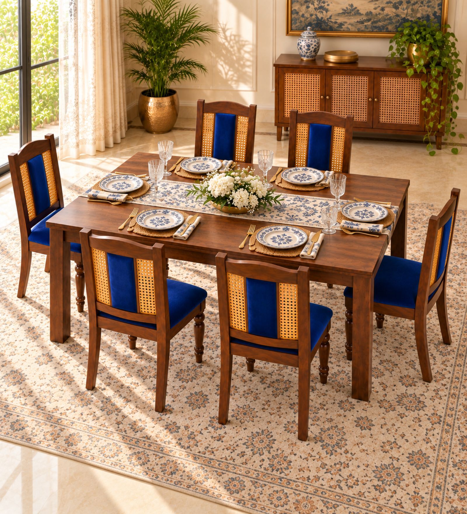 Vedika 6 Seater Dining Set In Provincial Teak Finish With Navy Blue Colour Chair Vedika 6 Seater Dining Set In Provincial Teak Finish With Navy Blue Colour Chair