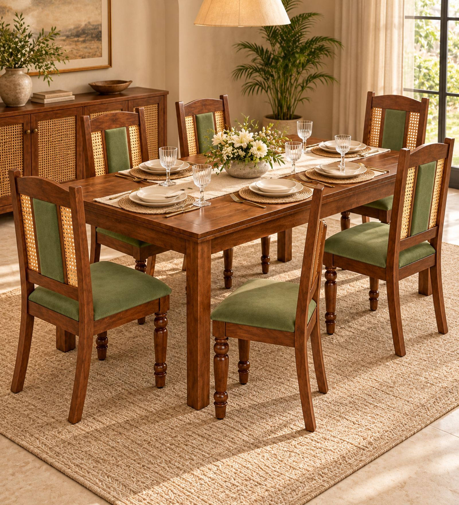 Vedika 6 Seater Dining Set In Provincial Teak Finish With Olive Green Colour Chair Vedika 6 Seater Dining Set In Provincial Teak Finish With Olive Green Colour Chair