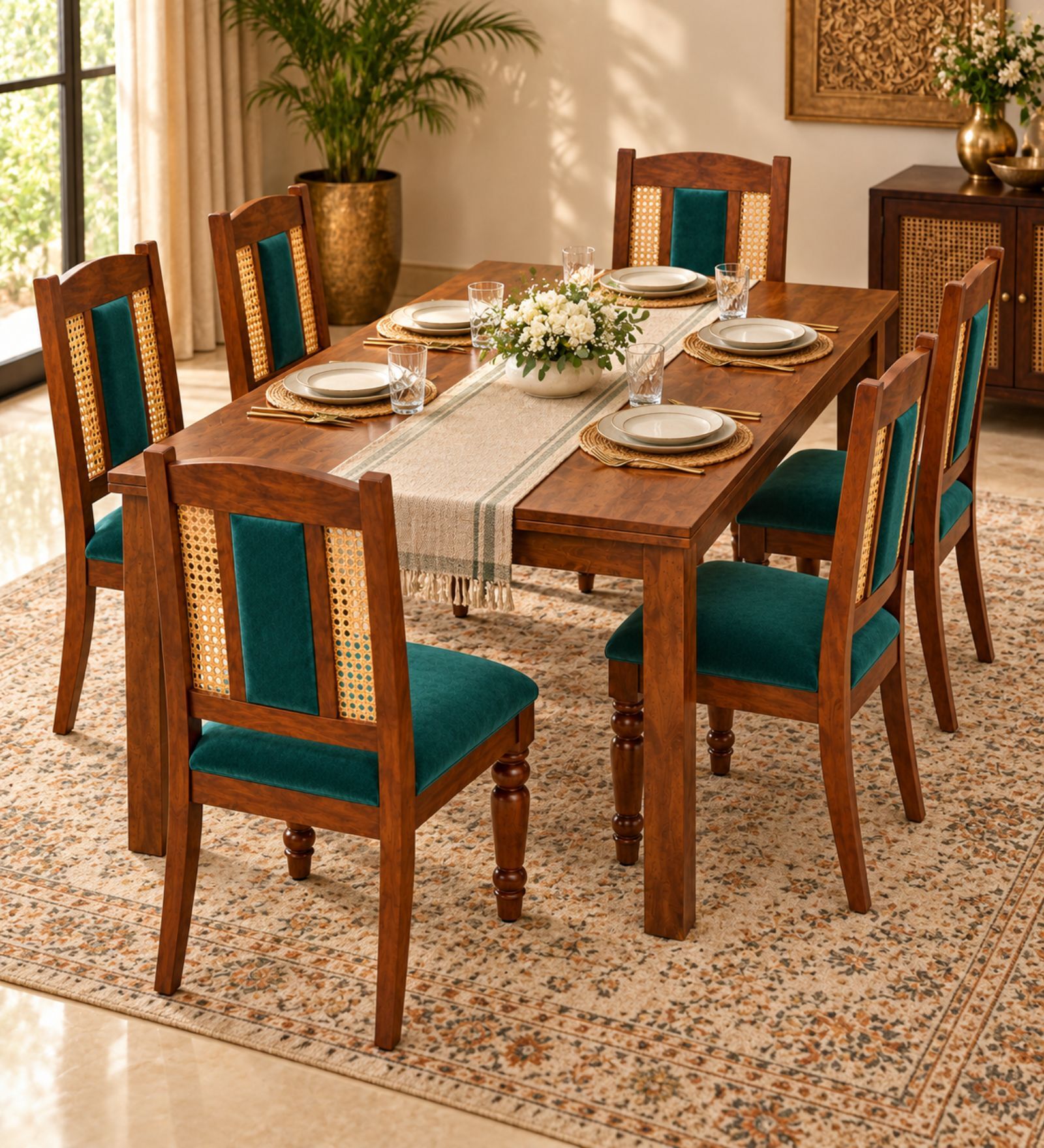 Vedika 6 Seater Dining Set In Provincial Teak Finish With Teal Green Colour Chair Vedika 6 Seater Dining Set In Provincial Teak Finish With Teal Green Colour Chair