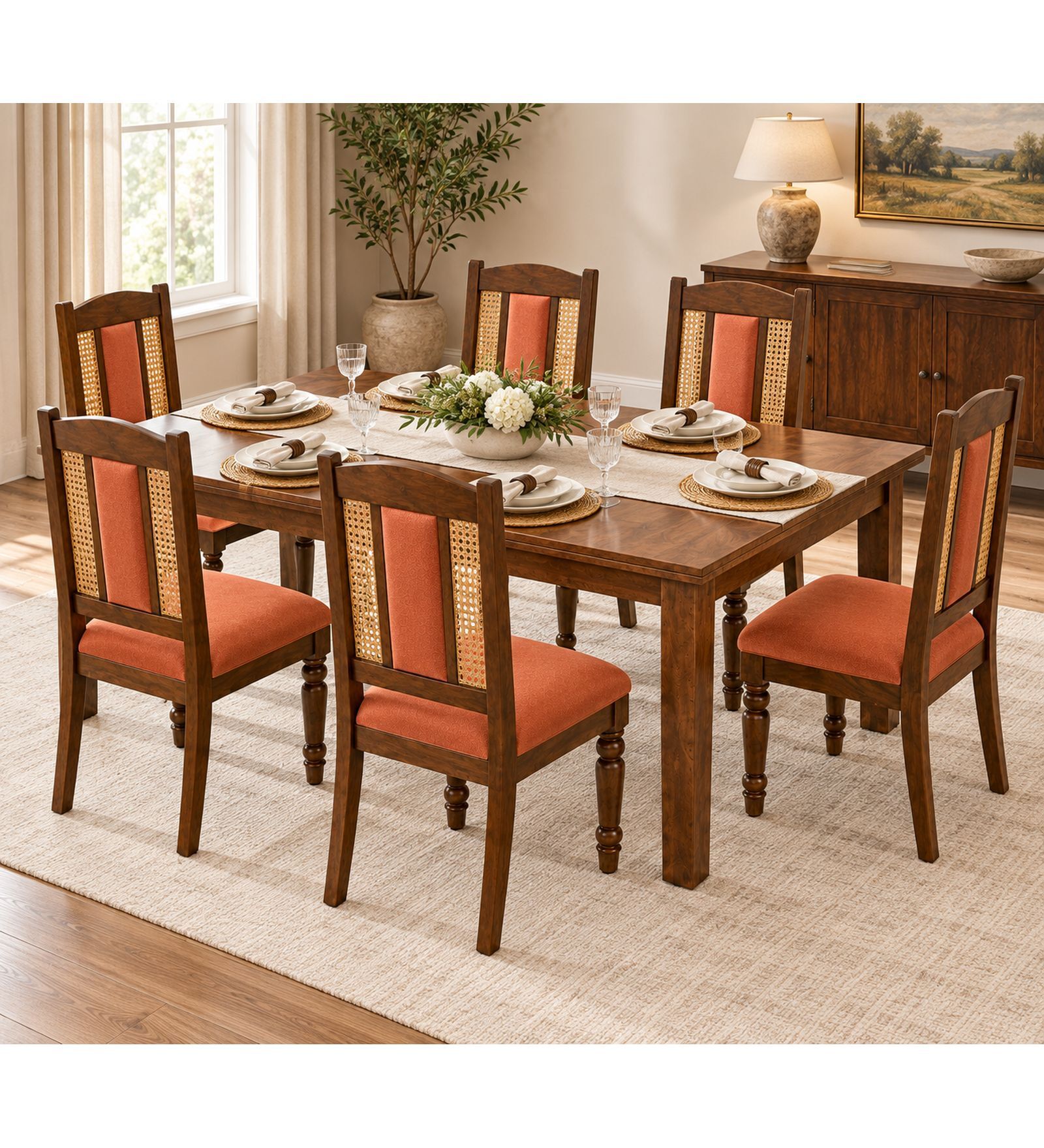 Vedika 6 Seater Dining Set In Provincial Teak Finish With Terracotta Orange Colour Chair Vedika 6 Seater Dining Set In Provincial Teak Finish With Terracotta Orange Colour Chair
