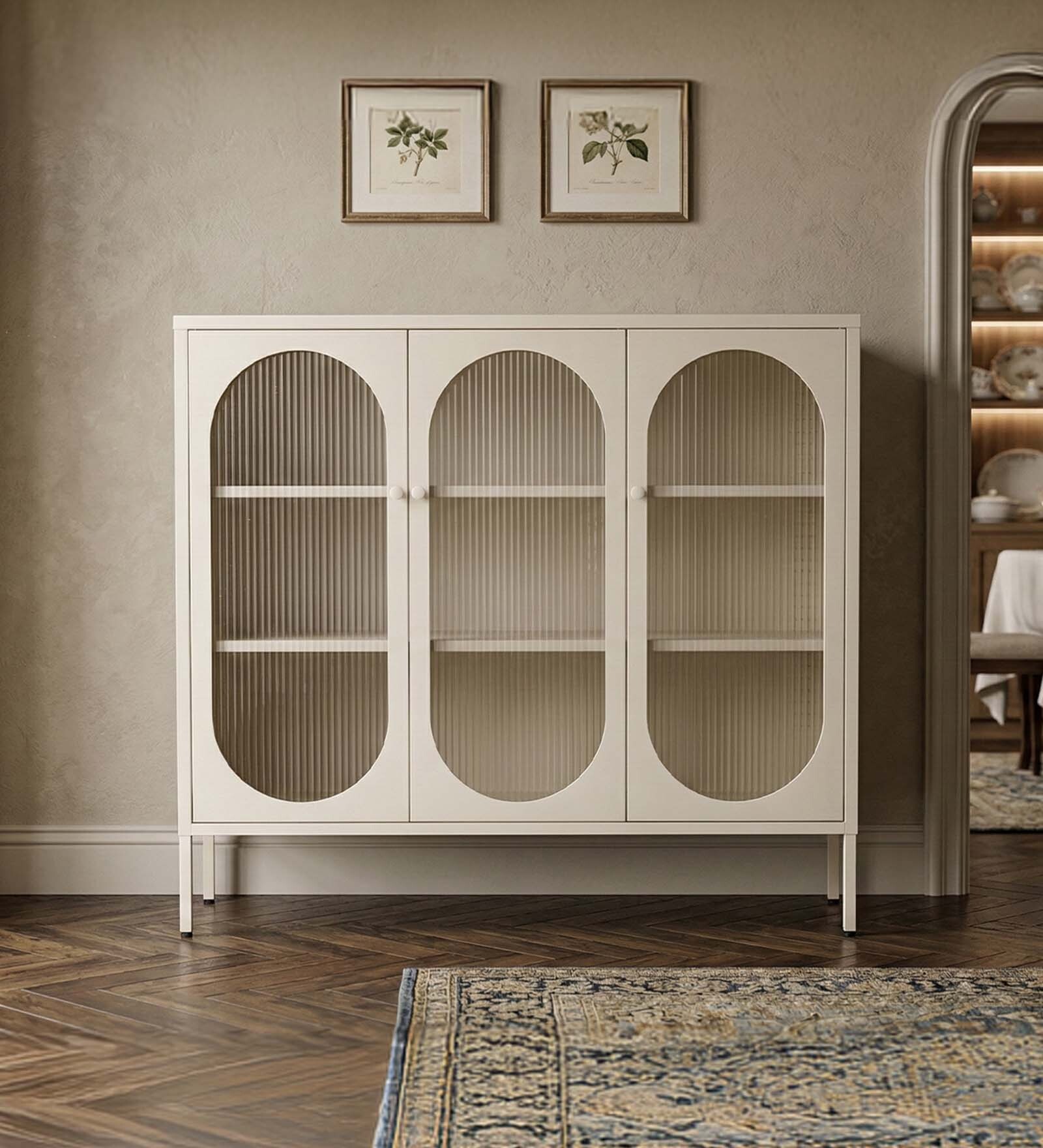 Vedra Metal Crockery Unit with Fluted Glass Swing Doors Adjustable Shelves and Spacious Dining Storage