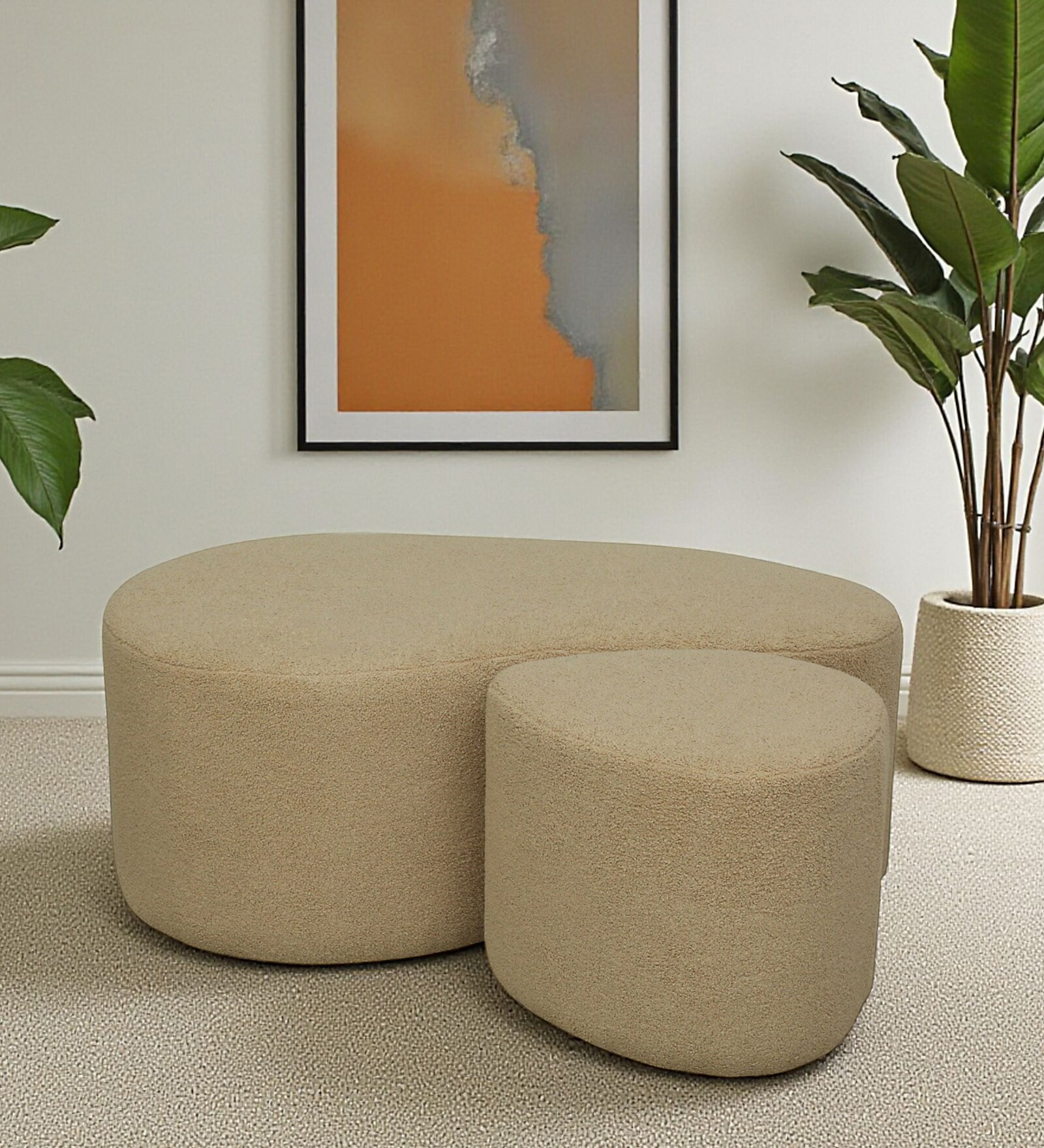Veeda Boucle Fabric Bench and Stool Set In Camel Colour Veeda Boucle Fabric Bench and Stool Set In Camel Colour