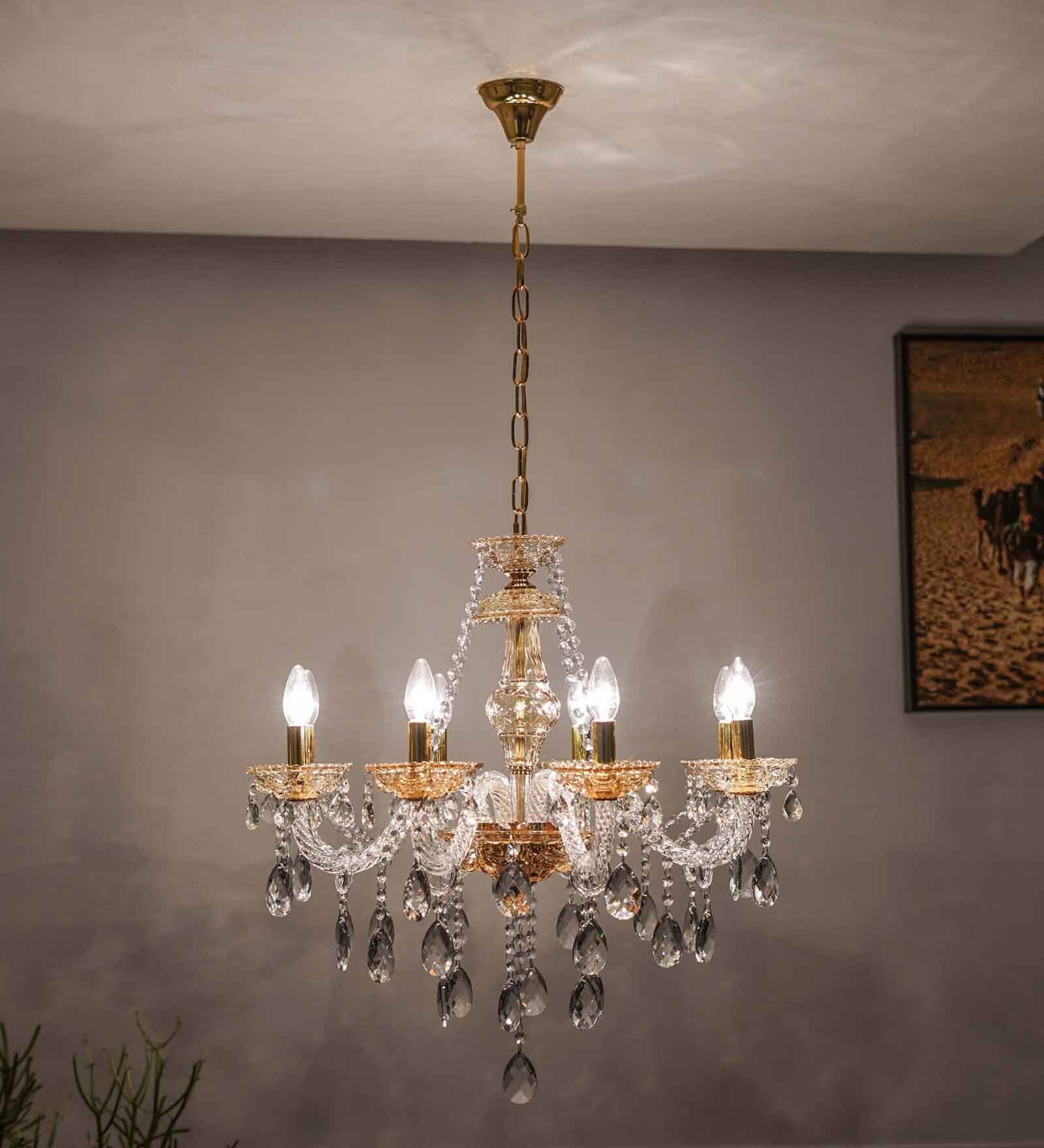 Vela 8 Arm Ceiling Chandelier In Brass  & Clear Finish With Glass Crystal Drops & Trim