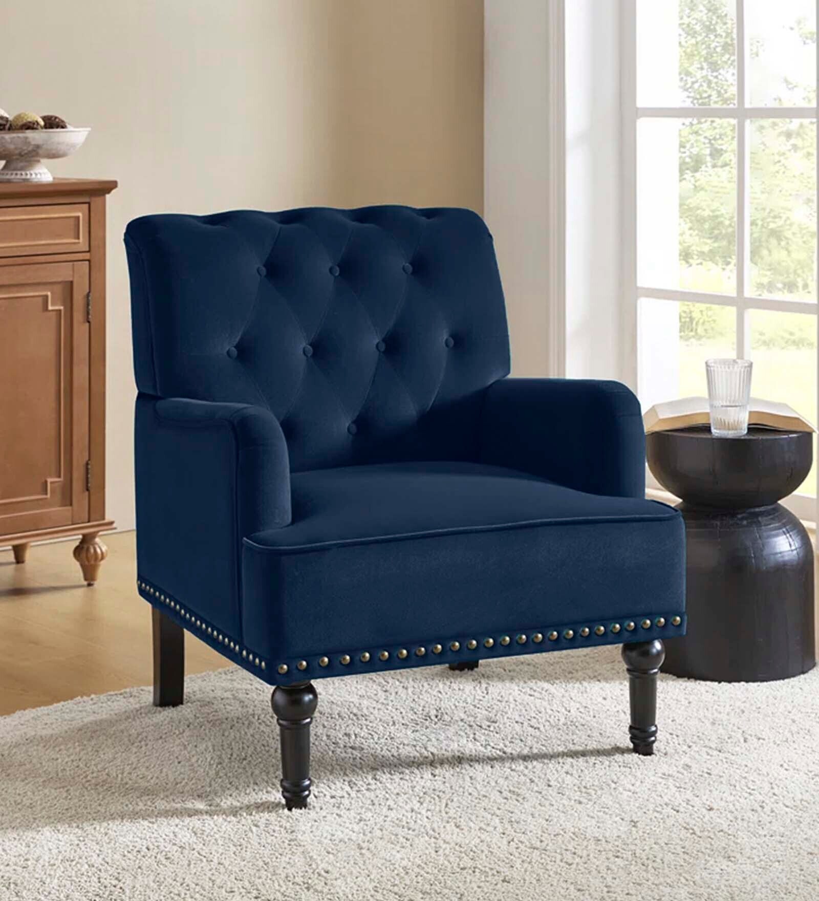 Velora Tufted Back Fabric 1 Seater Sofa In Blue Colour