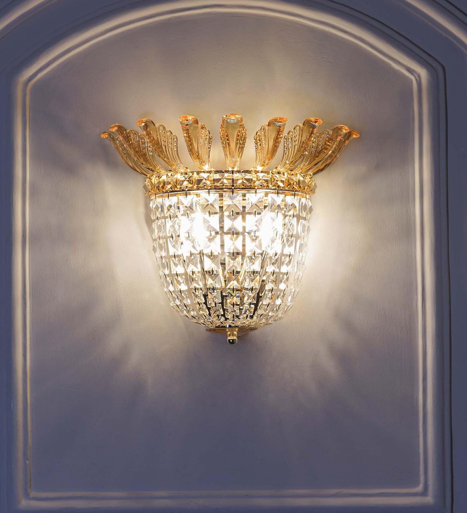 Veloria Honey Crystal Wall Light With Gold Finish Metal Body Modern Decorative Crystal Wall Lamp For Bedroom, Living Room & Hallway (E14 Compatible)