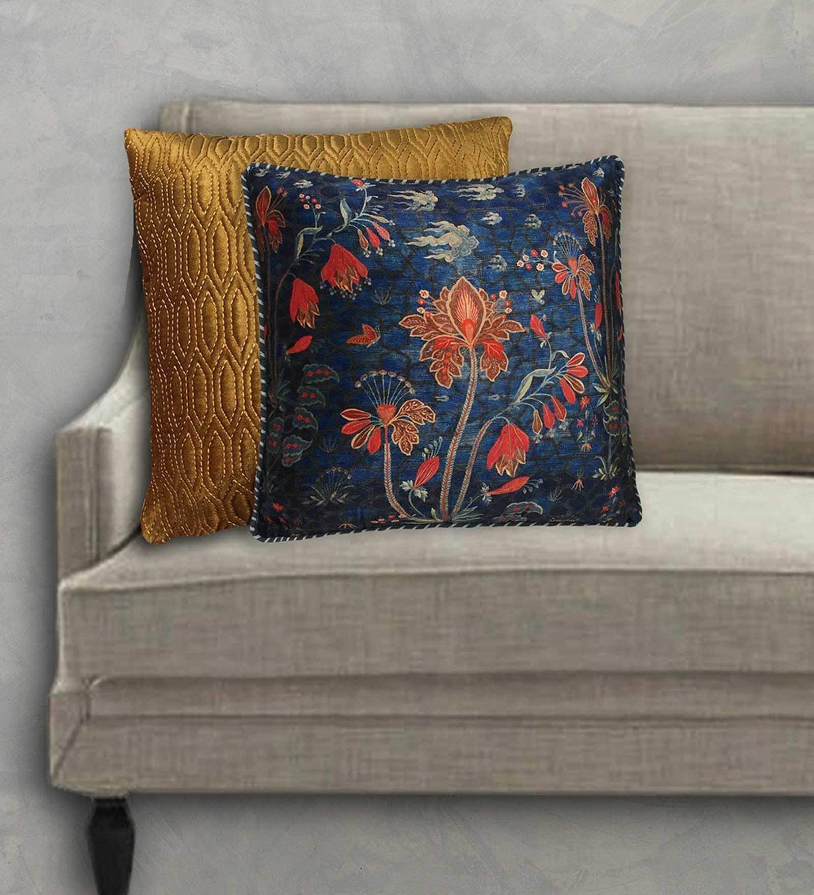 Buy Blue Floral Isfahan Velvet 18 x 18 Inches Cushion Cover by Kainaat