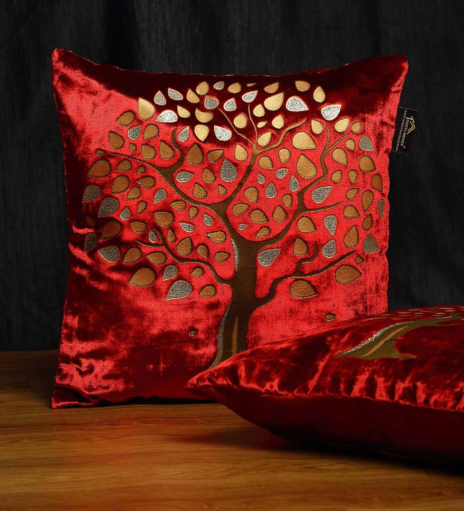 Maroon Floral Velvet 16 x 16 Inches Cushion Covers (Set of 2)