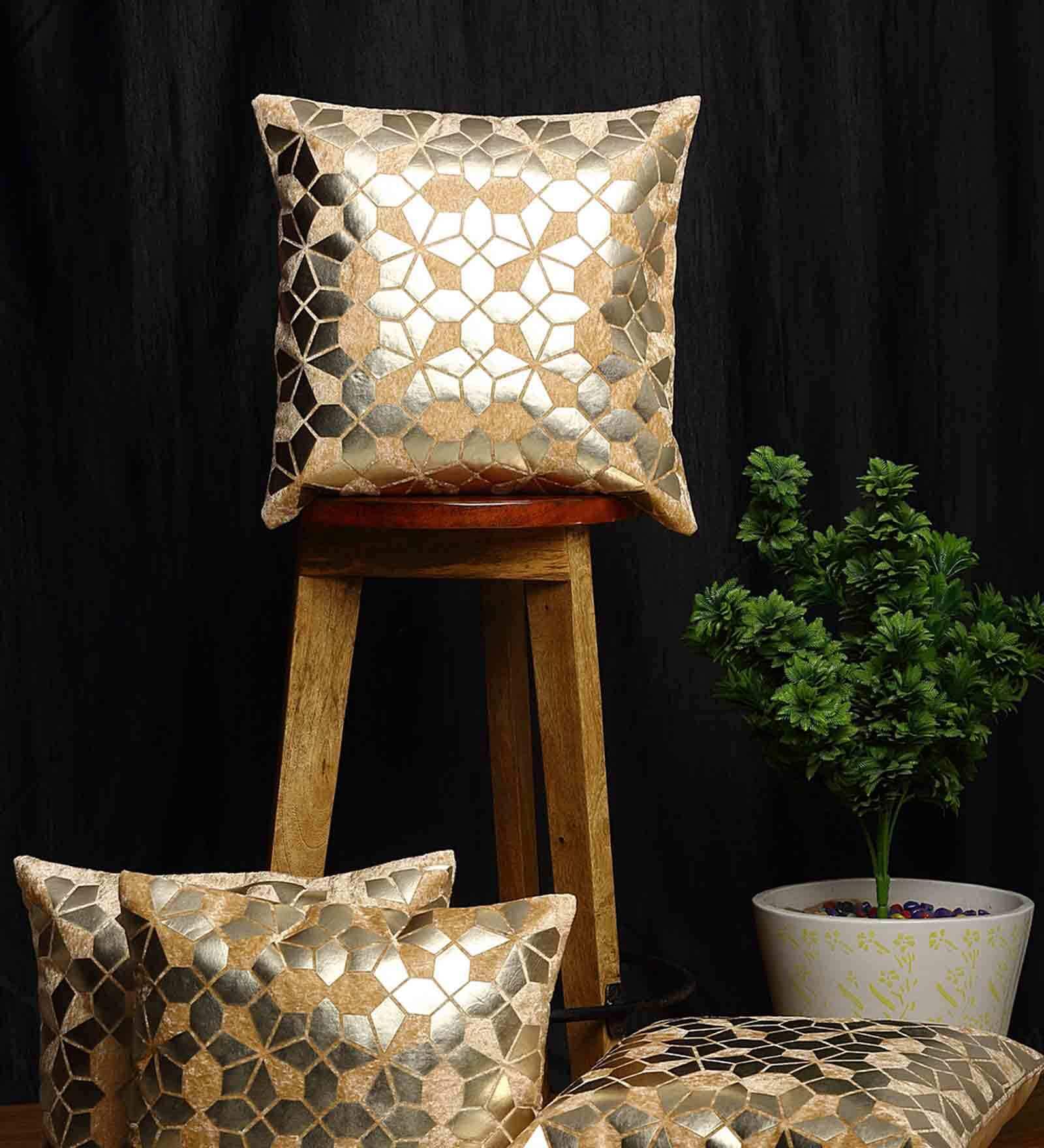 Beige Geometric Velvet 16 x 16 Inches Cushion Covers (Set of 5)