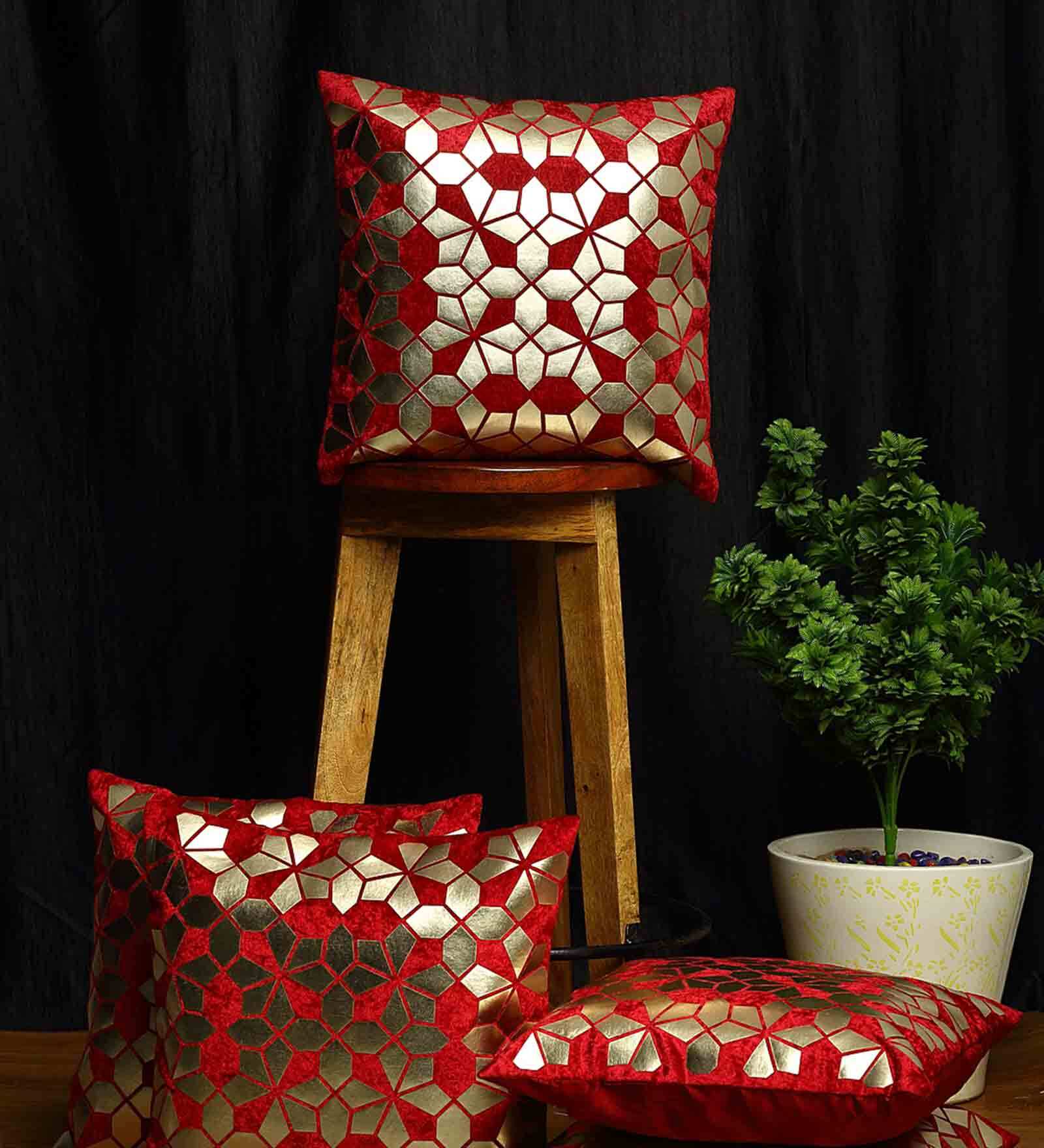 Buy Maroon Geometric Velvet 16 x 16 Inches Cushion Covers (Set of 5) by