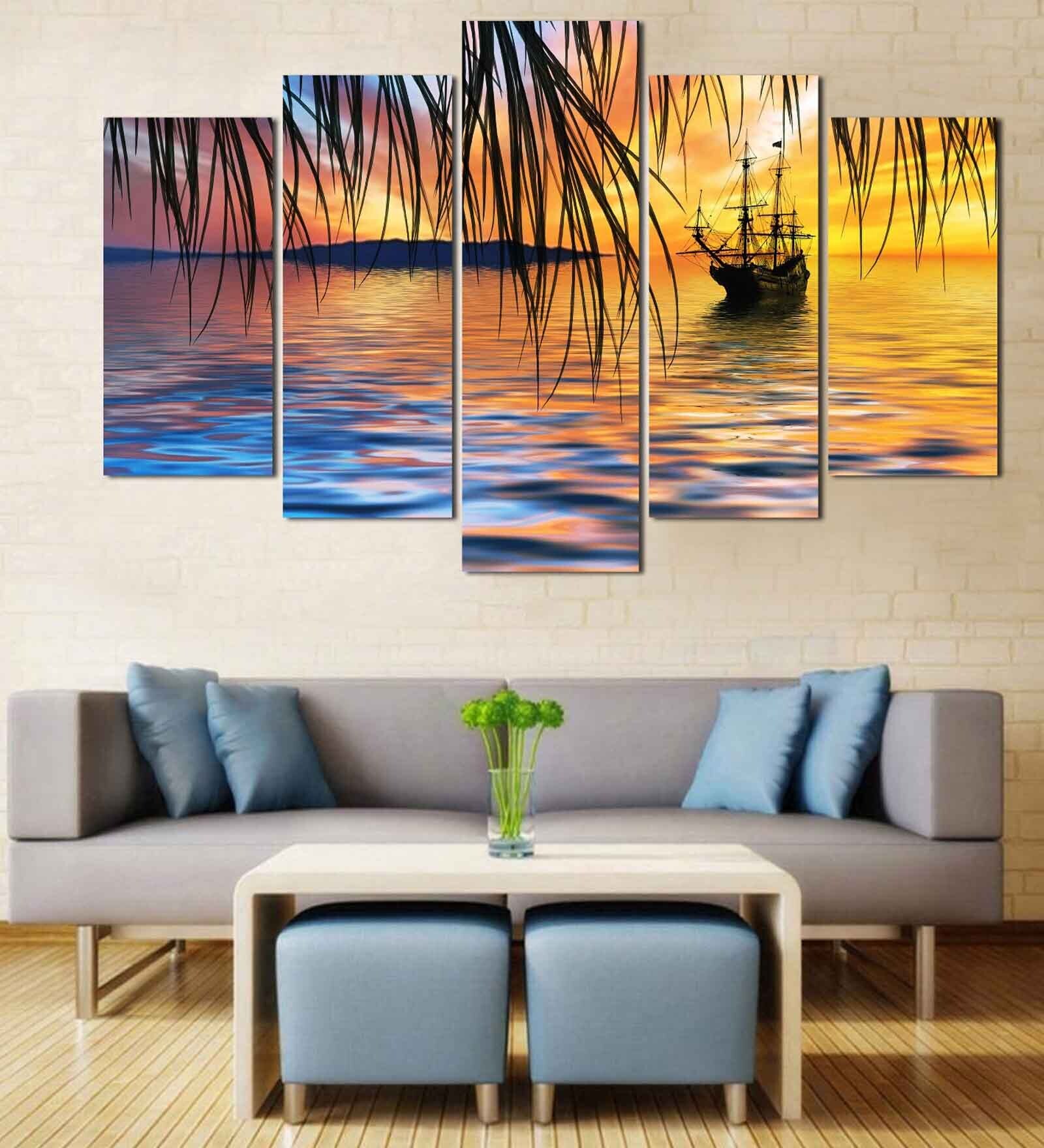 Velvet Laminated Blue Wood Unframed Landscape Art Panel Set of 5